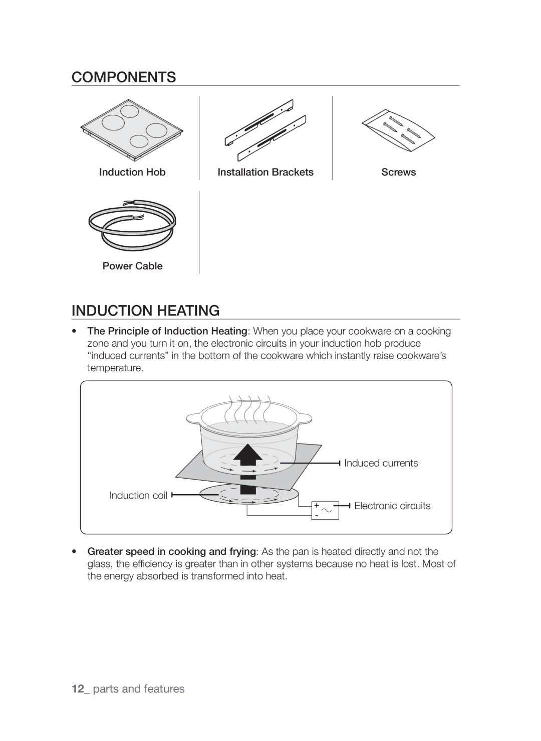 Samsung CTI613EHST/XEE manual Components, Induction heating, Induction Hob Power Cable Installation Brackets Screws 