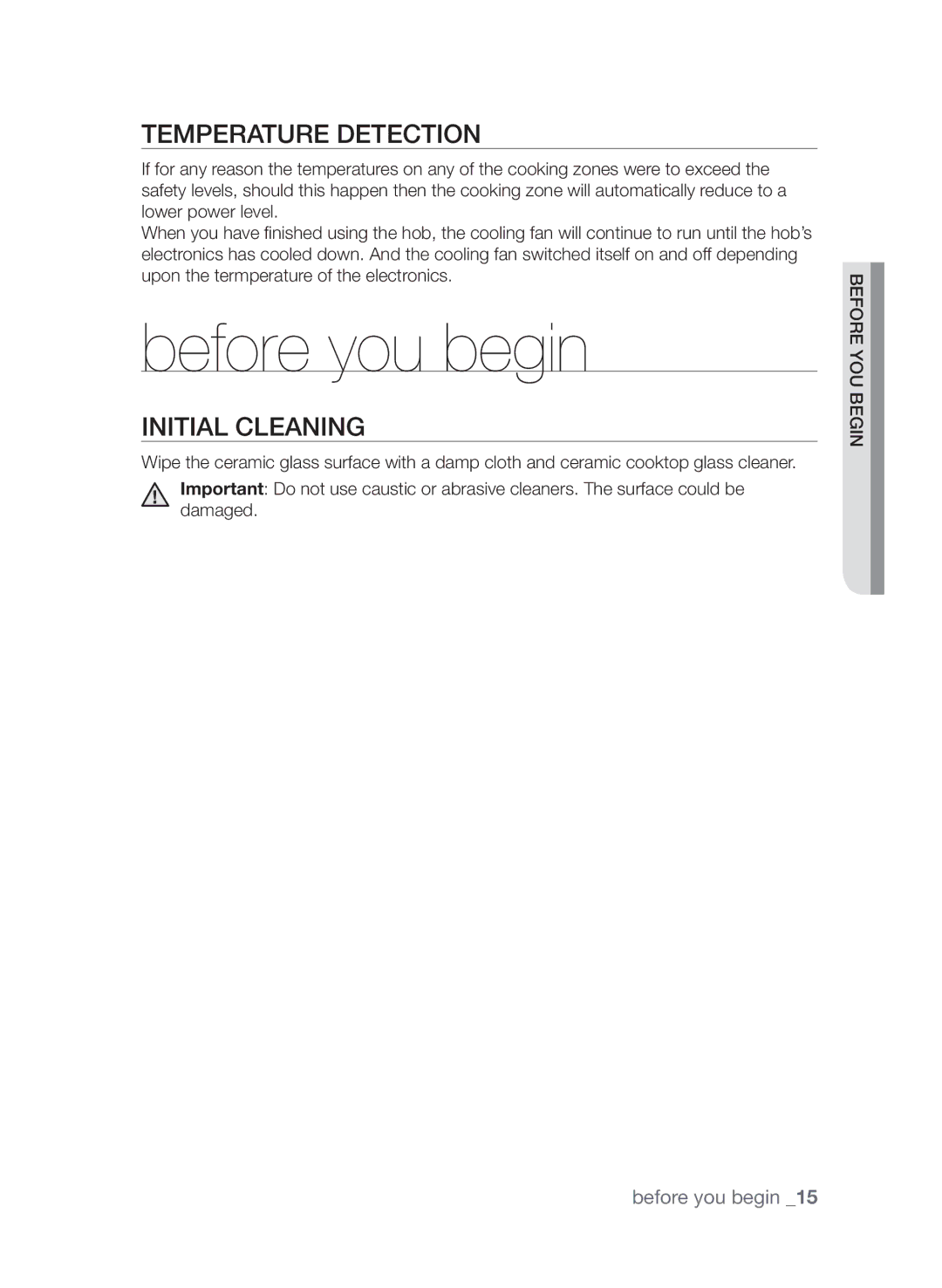 Samsung CTI613EHST/XEE manual Before you begin, Temperature detection, Initial cleaning 