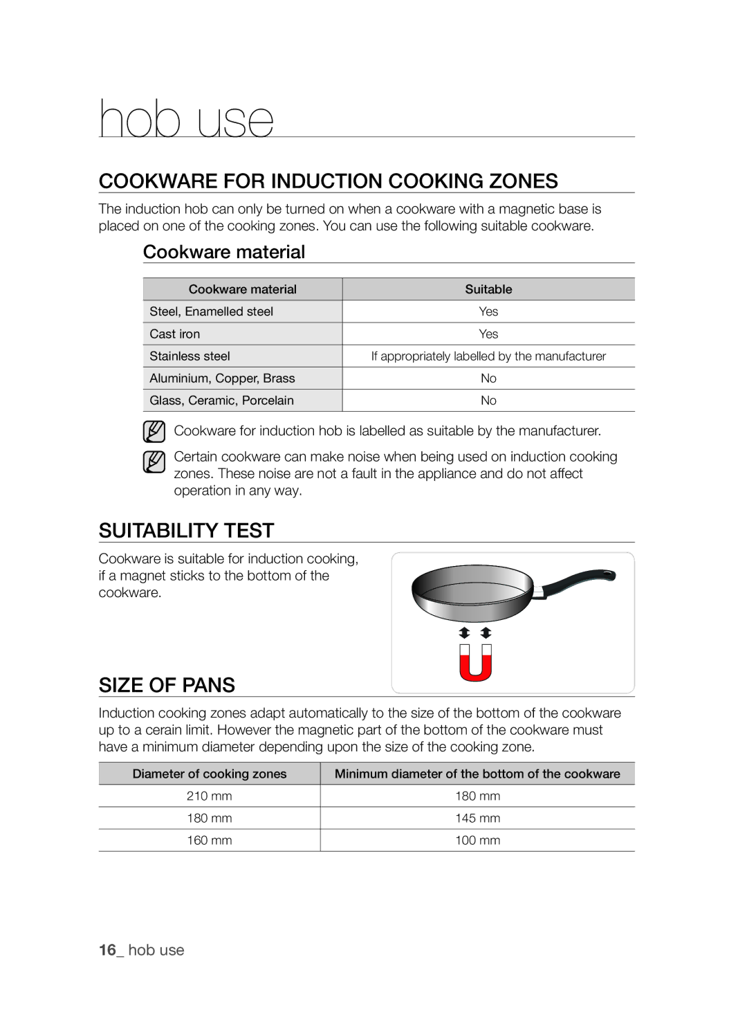 Samsung CTI613EHST/XEE Hob use, CookwarE for InduCTIon CookIng zonEs, SuITabIlITy TEsT, SIzE of pans, Cookware material 