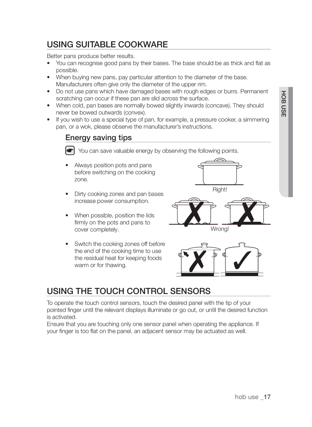 Samsung CTI613EHST/XEE Using suitable cookware, Using the touch control sensors, Energy saving tips, Cover completely 