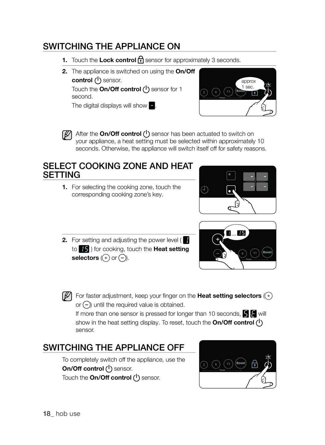 Samsung CTI613EHST/XEE manual Switching the appliance on, Select cooking zone and heat setting, Switching the appliance off 