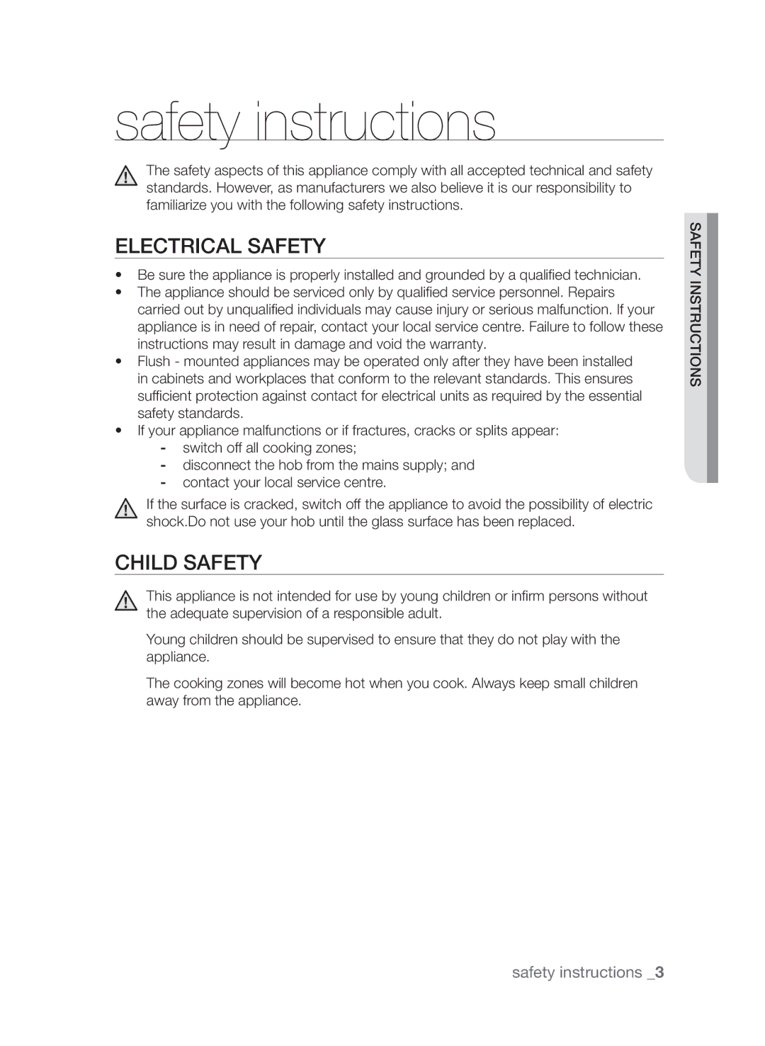 Samsung CTI613EHST/XEE manual Safety instructions, Electrical safety, Child safety 