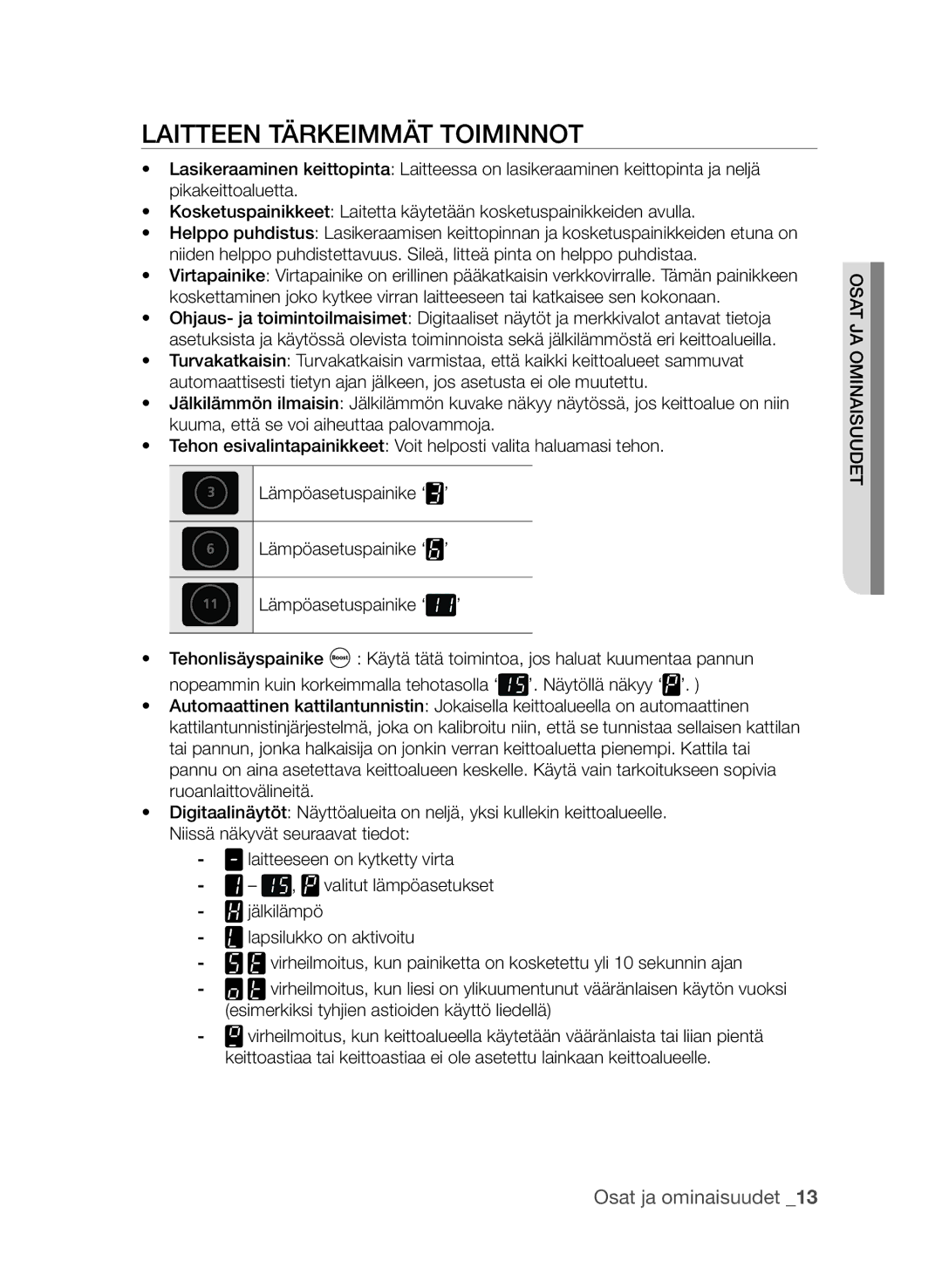 Samsung CTI613EHST/XEE manual Laitteen tärkeimmät toiminnot 