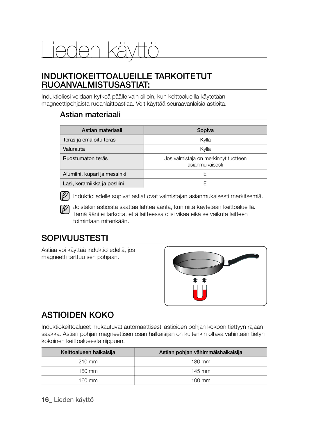 Samsung CTI613EHST/XEE manual Lieden käyttö, IndukTIokEITToaluEIllE TarkoITETuT ruoanvalmIsTusasTIaT, SopIvuusTEsTI 