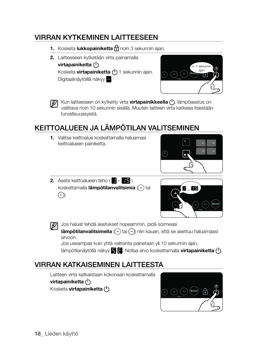 Samsung CTI613EHST/XEE manual Virran kytkeminen laitteeseen, Keittoalueen ja lämpötilan valitseminen 