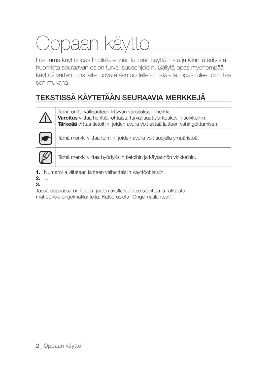 Samsung CTI613EHST/XEE manual Oppaan käyttö, Tekstissä käytetään seuraavia merkkejä 