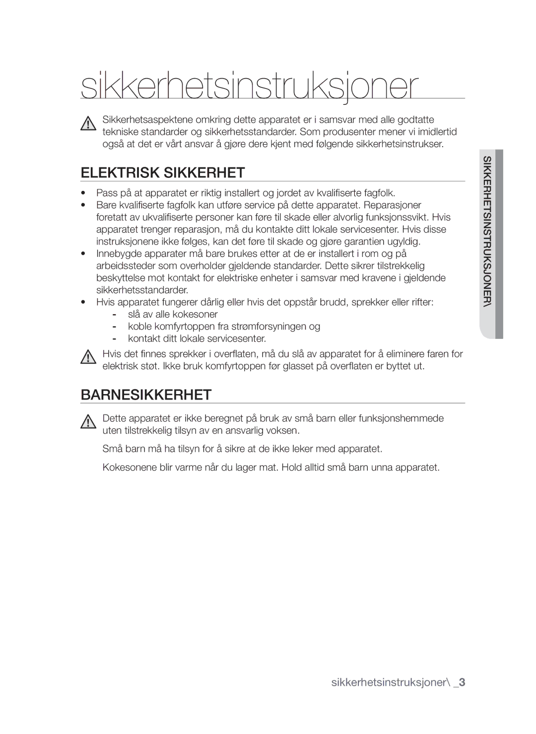 Samsung CTI613EHST/XEE manual Sikkerhetsinstruksjoner, Elektrisk sikkerhet, Barnesikkerhet 