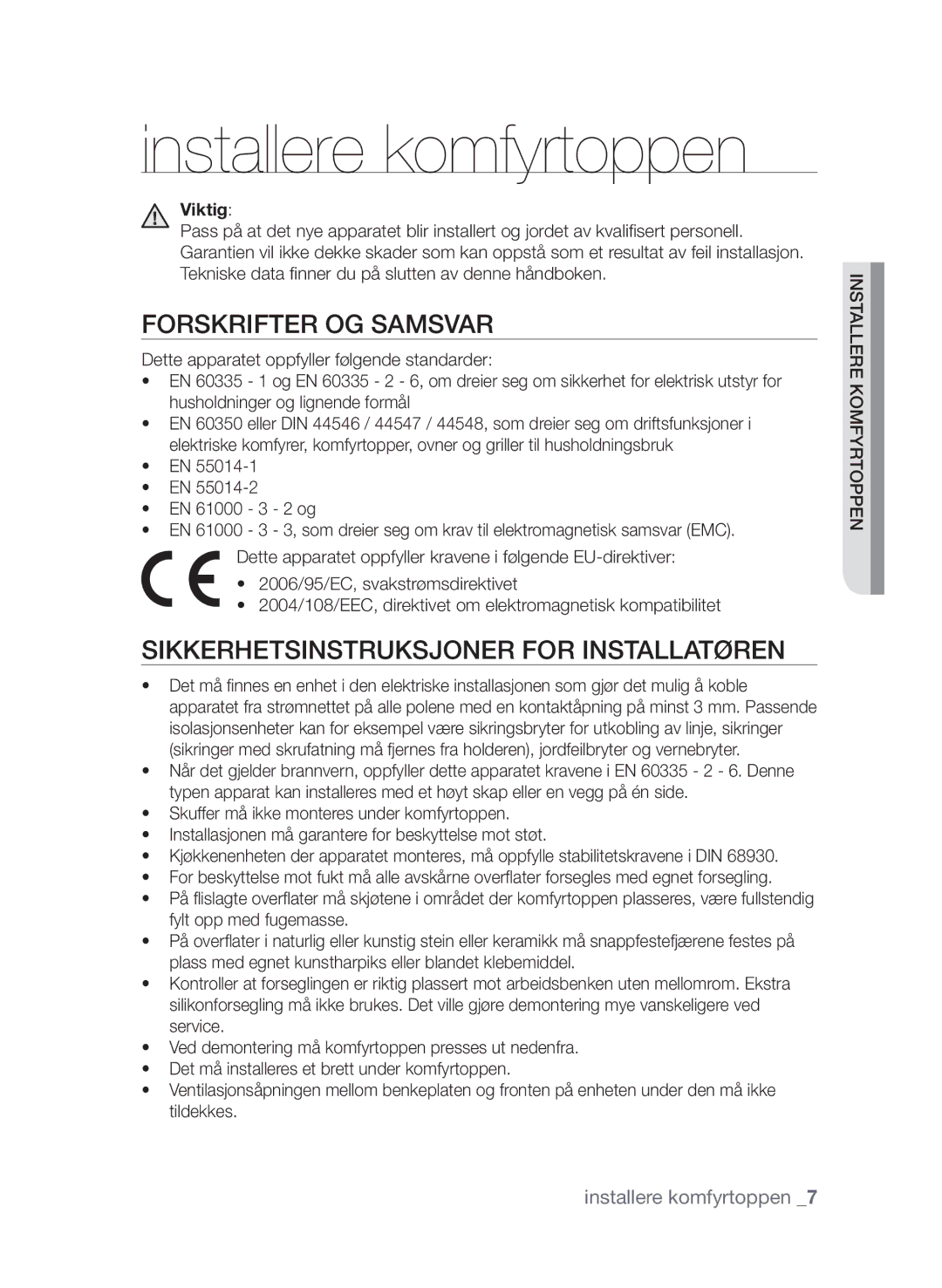 Samsung CTI613EHST/XEE Installere komfyrtoppen, Forskrifter og samsvar, Sikkerhetsinstruksjoner for installatøren, Viktig 