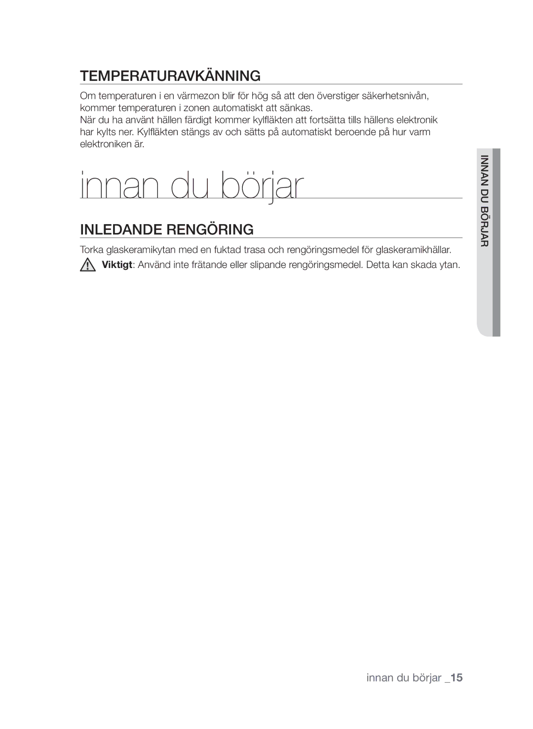 Samsung CTI613EHST/XEE manual Innan du börjar, Temperaturavkänning, Inledande rengöring 