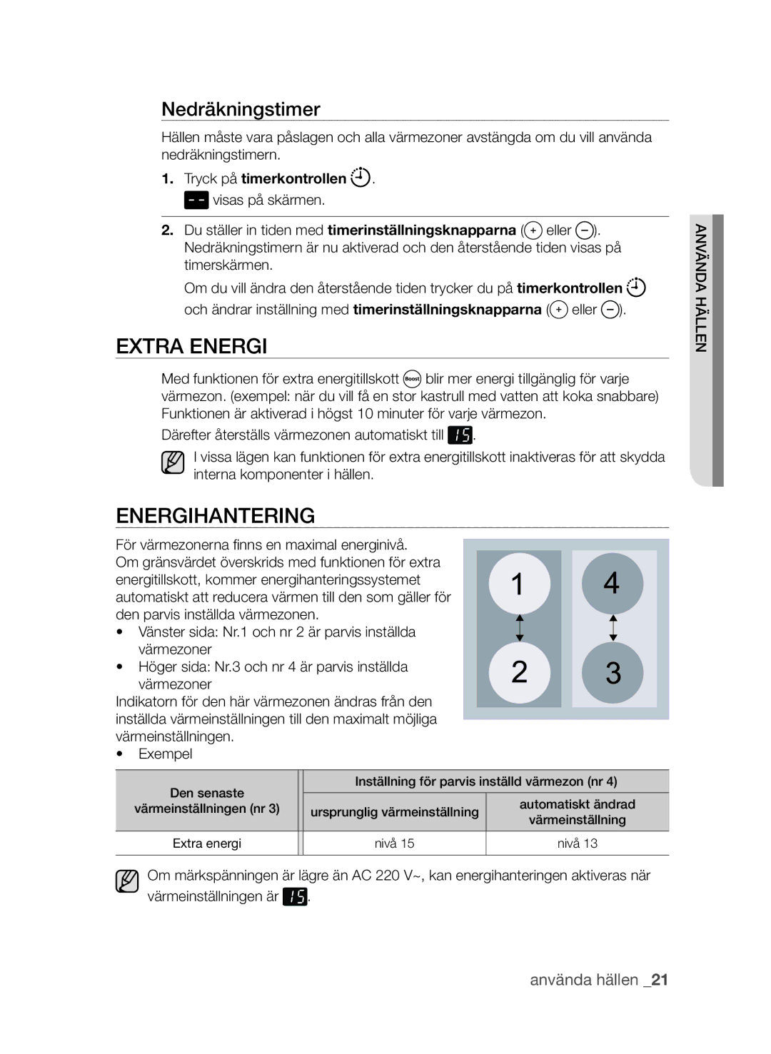 Samsung CTI613EHST/XEE manual Extra energi, Energihantering, Nedräkningstimer, Tryck på timerkontrollen . visas på skärmen 