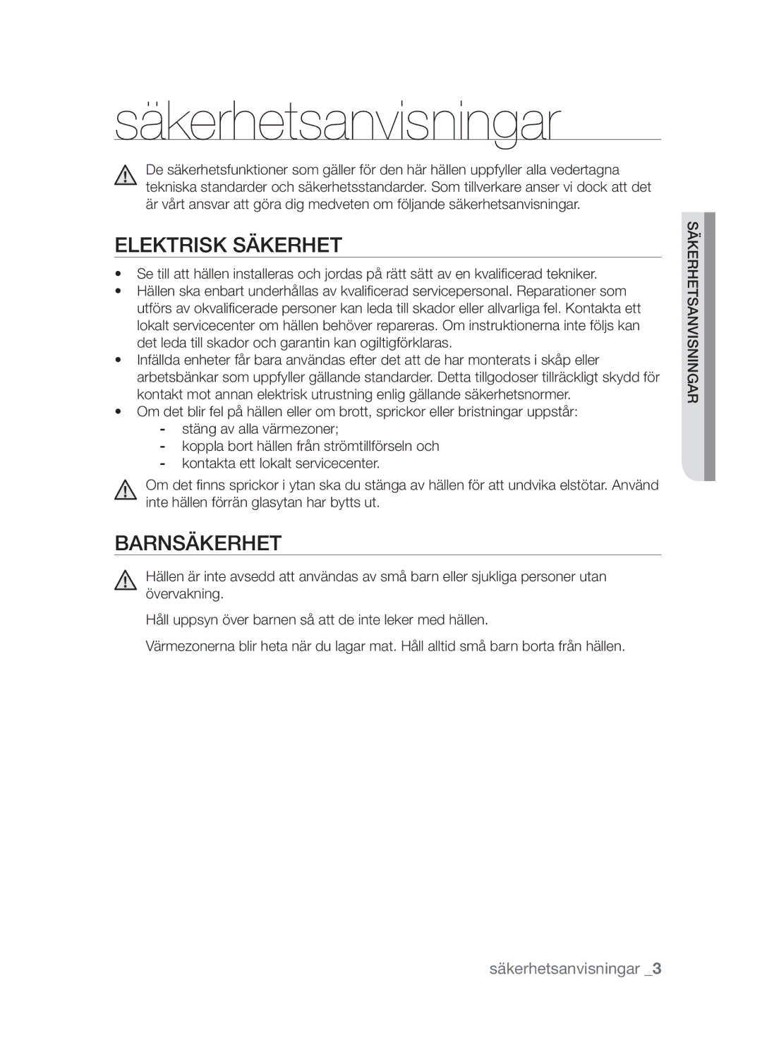 Samsung CTI613EHST/XEE manual Säkerhetsanvisningar, Elektrisk säkerhet, Barnsäkerhet 