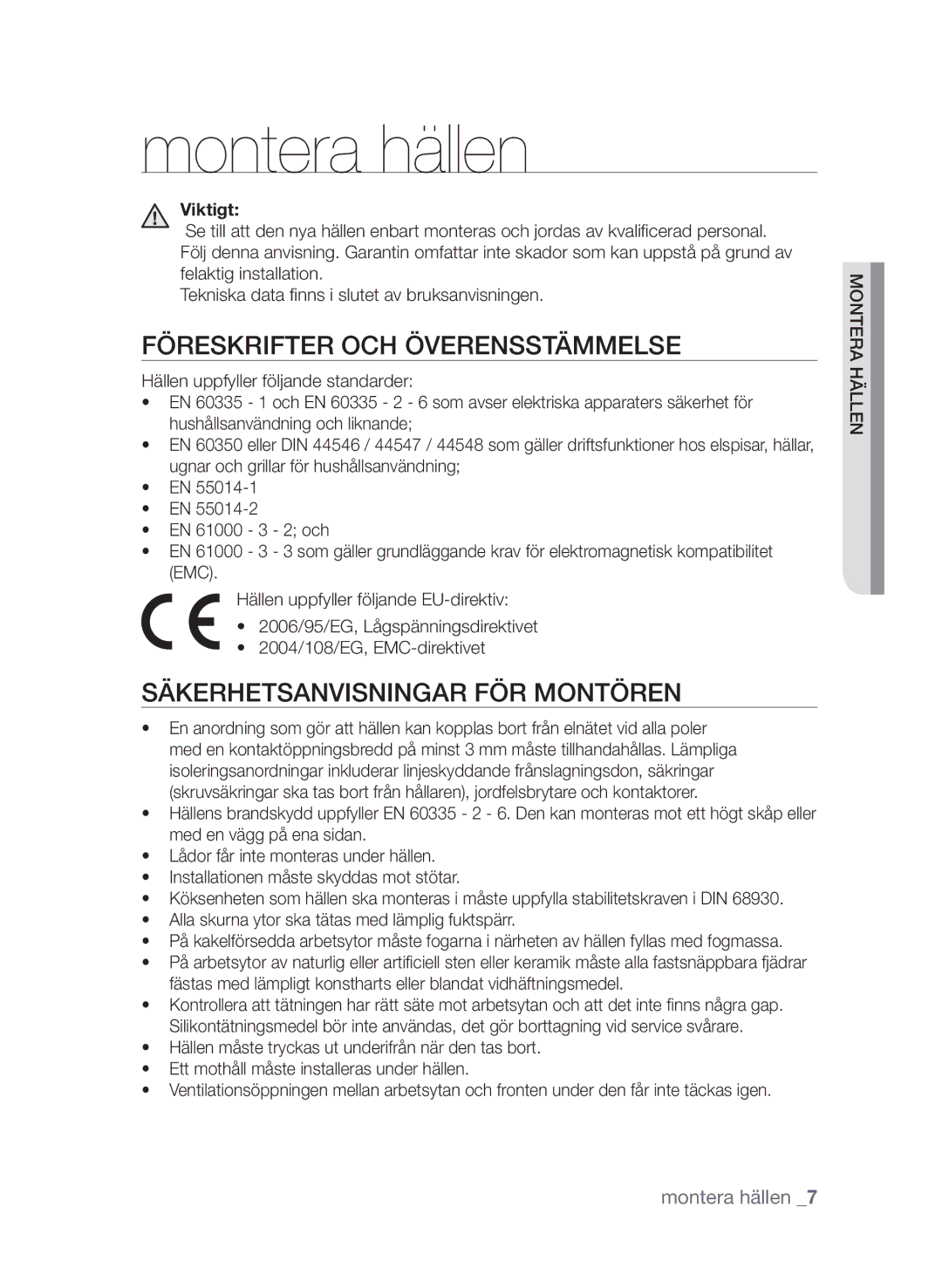 Samsung CTI613EHST/XEE manual Montera hällen, Föreskrifter och överensstämmelse, Säkerhetsanvisningar för montören, Viktigt 