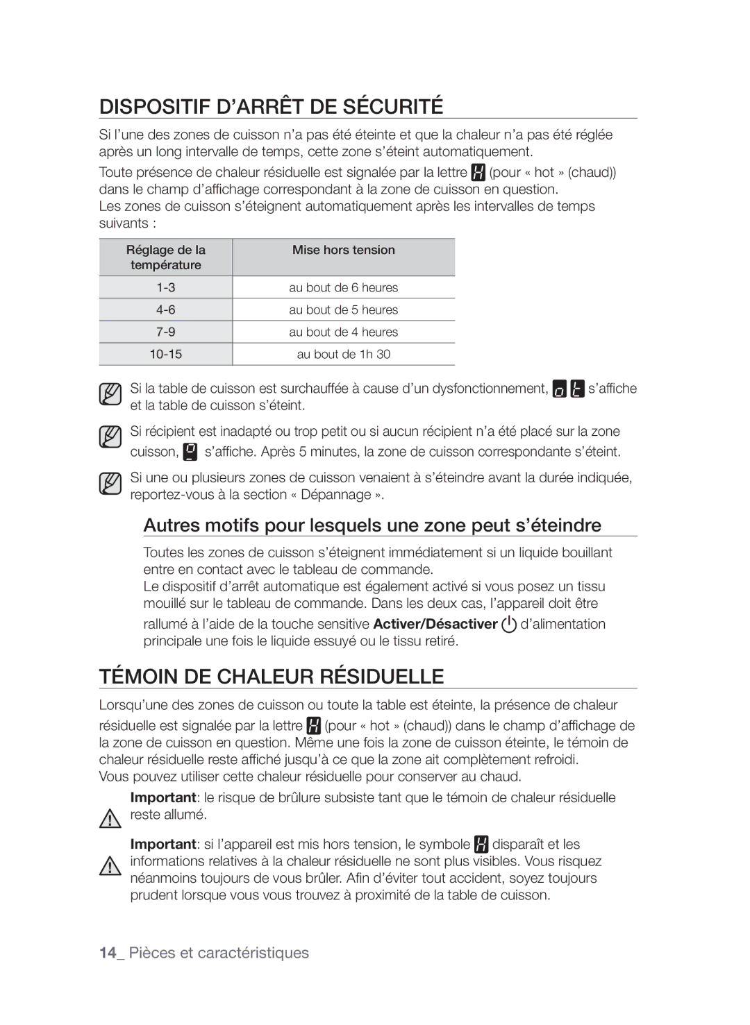 Samsung CTI613EHST/XEF manual Dispositif d’arrêt de sécurité, Témoin de chaleur résiduelle 