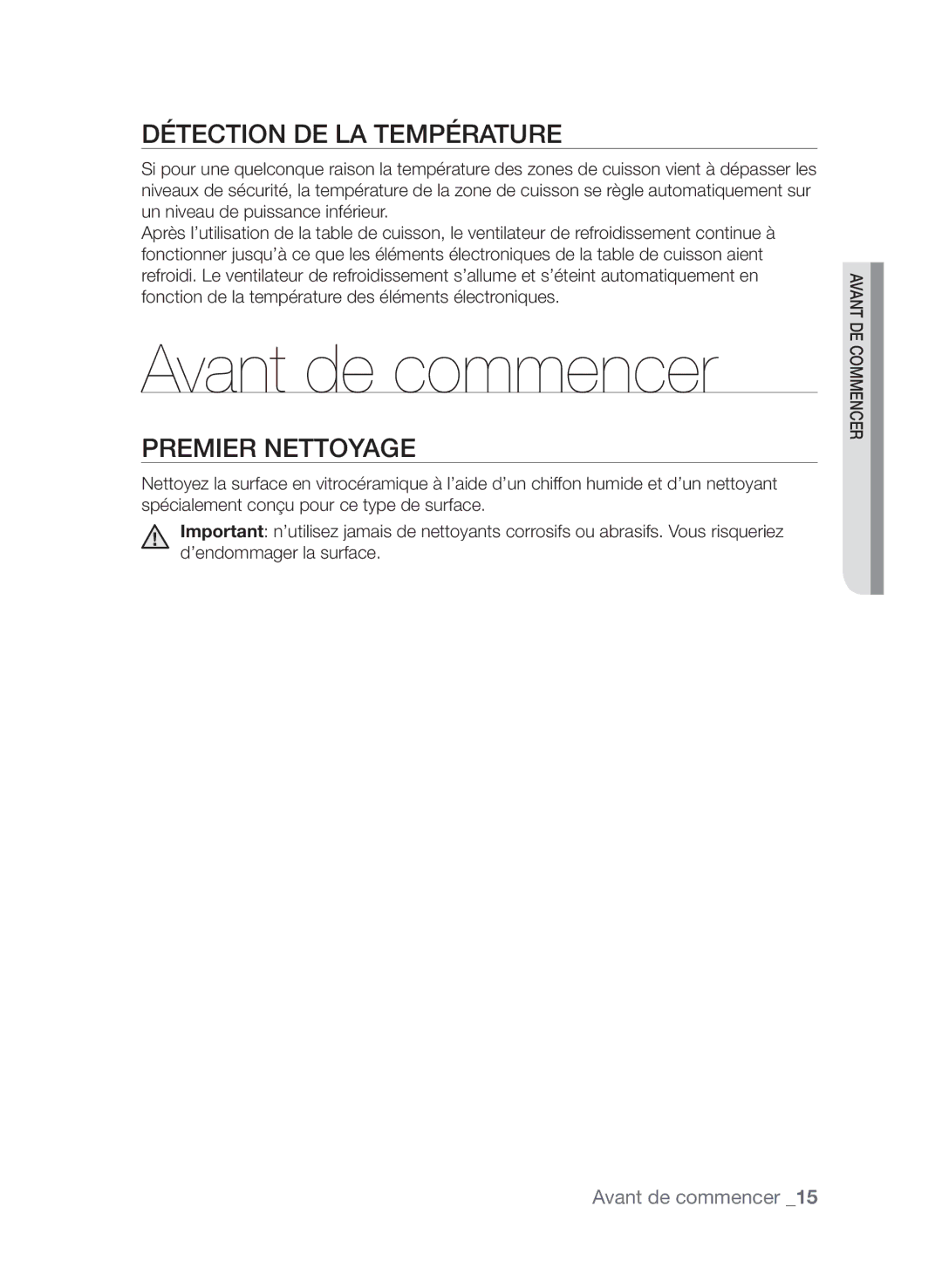 Samsung CTI613EHST/XEF manual Avant de commencer, Détection de la température, Premier nettoyage 