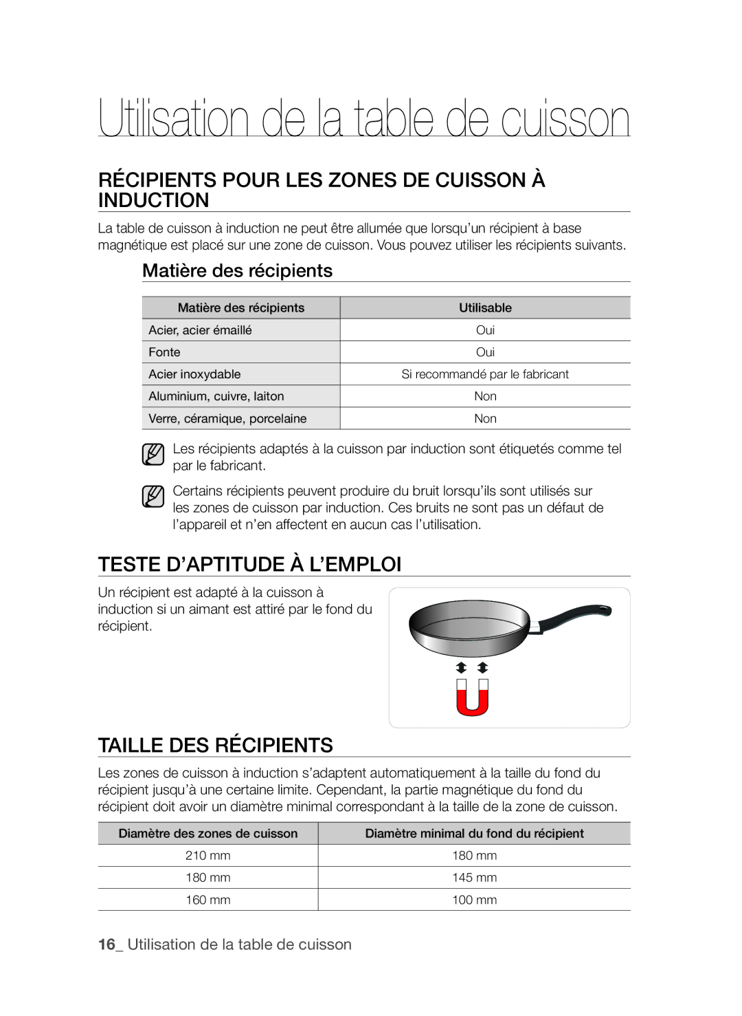 Samsung CTI613EHST/XEF manual RéCIpIEnTS pour LES ZonES dE CuISSon à InduCTIon, Teste d’apTITudE à L’EmpLoI 