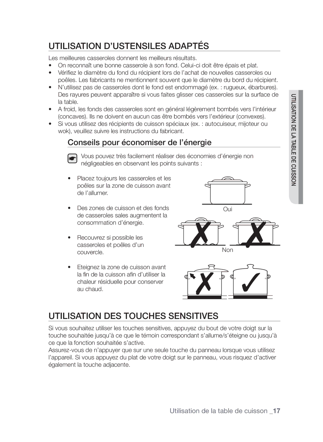 Samsung CTI613EHST/XEF manual Utilisation d’ustensiles adaptés, Utilisation des touches sensitives 