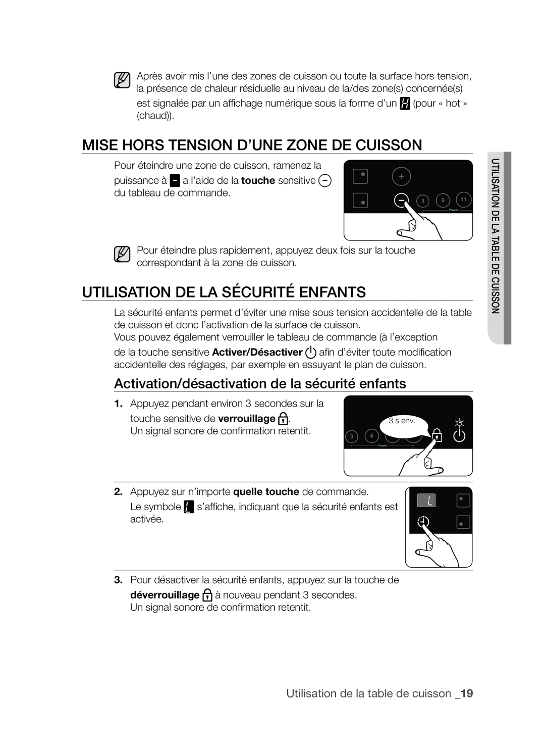 Samsung CTI613EHST/XEF manual MISE horS TEnSIon d’unE ZonE dE CuISSon, UTILISaTIon dE La SéCurITé EnfanTS 