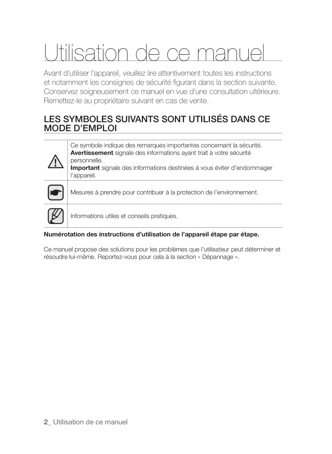 Samsung CTI613EHST/XEF manual Utilisation de ce manuel, Les symboles suivants sont utilisés dans ce mode d’emploi 