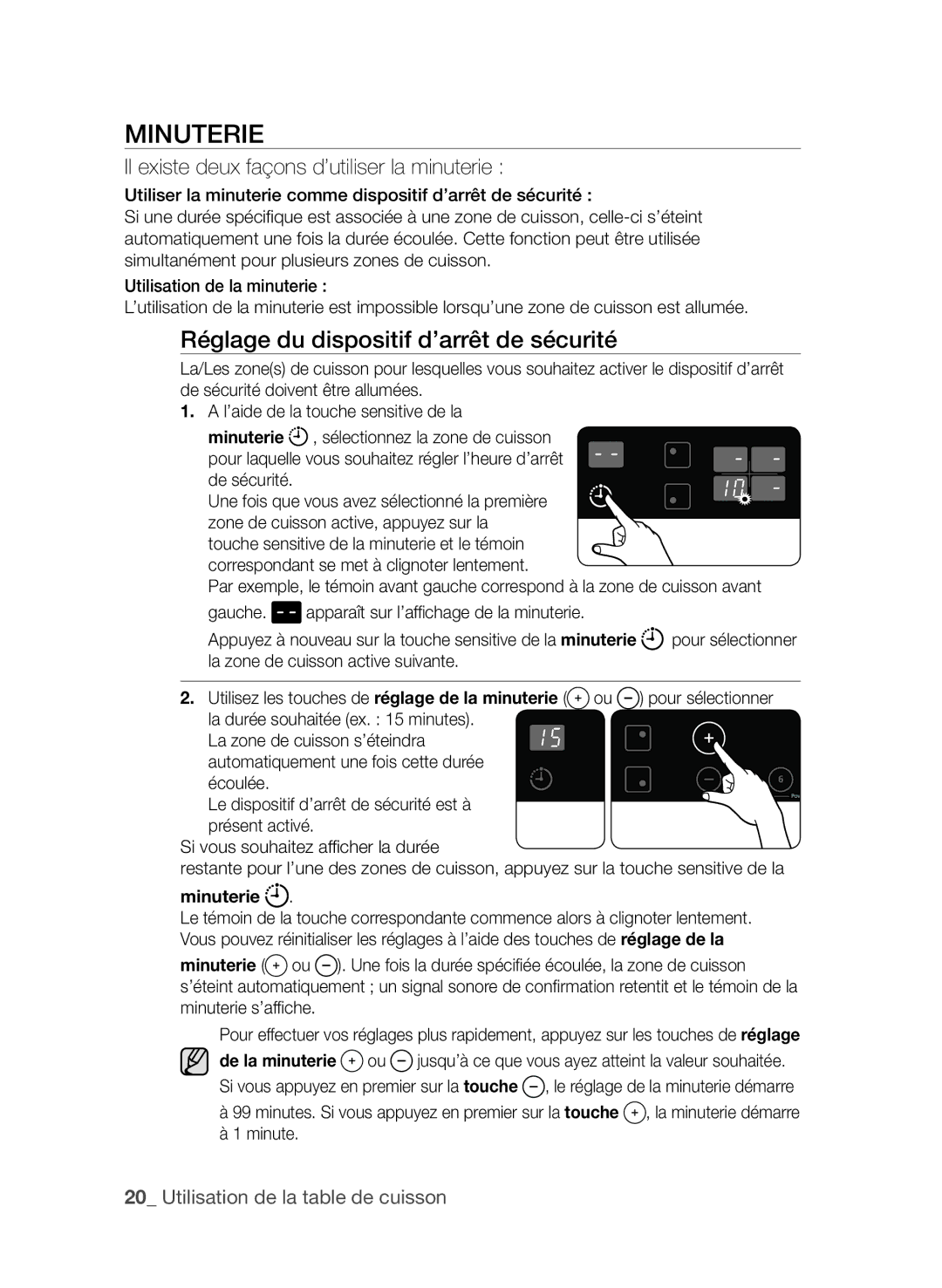 Samsung CTI613EHST/XEF manual Minuterie, Réglage du dispositif d’arrêt de sécurité 