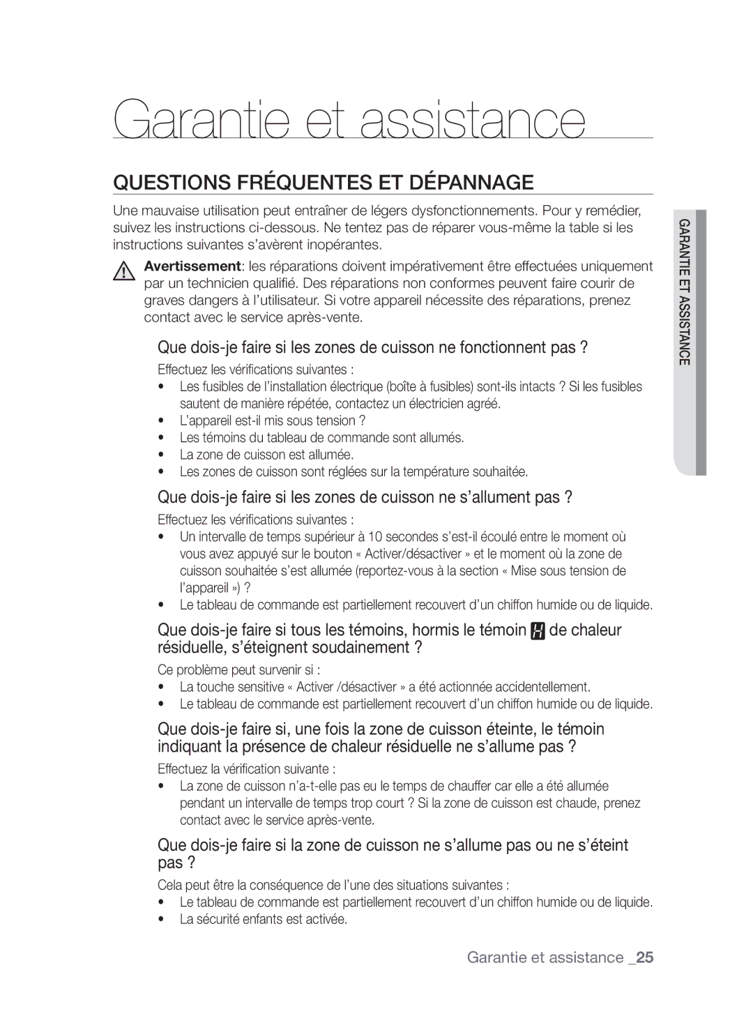 Samsung CTI613EHST/XEF manual Garantie et assistance, Questions fréquentes et dépannage 