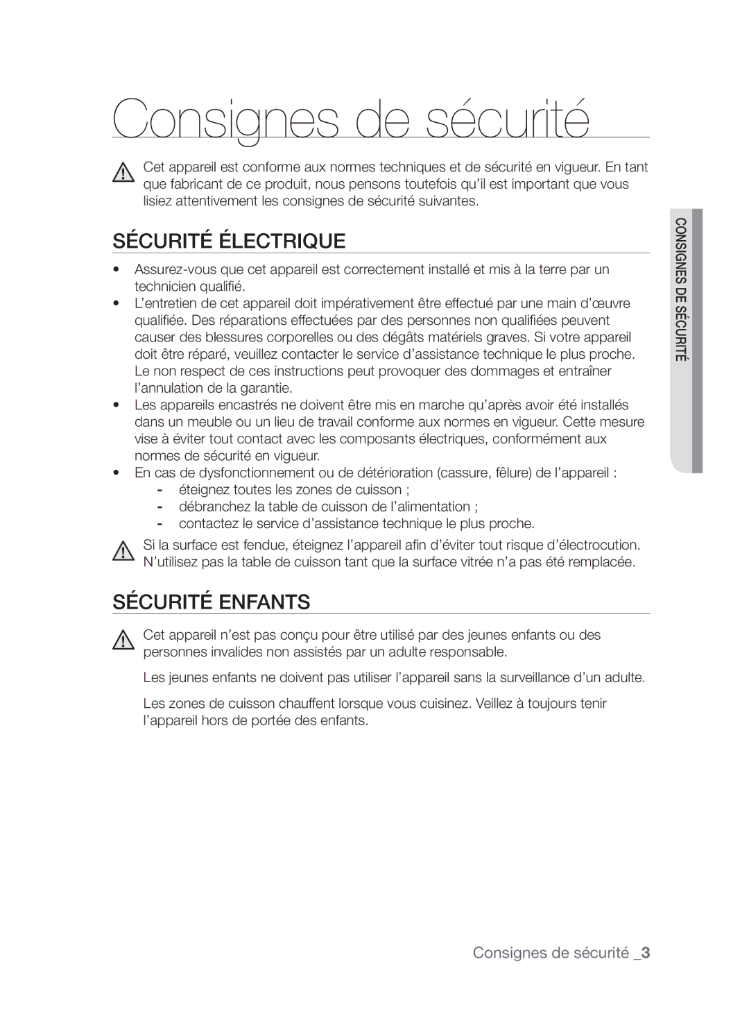 Samsung CTI613EHST/XEF manual Consignes de sécurité, Sécurité électrique, Sécurité enfants 