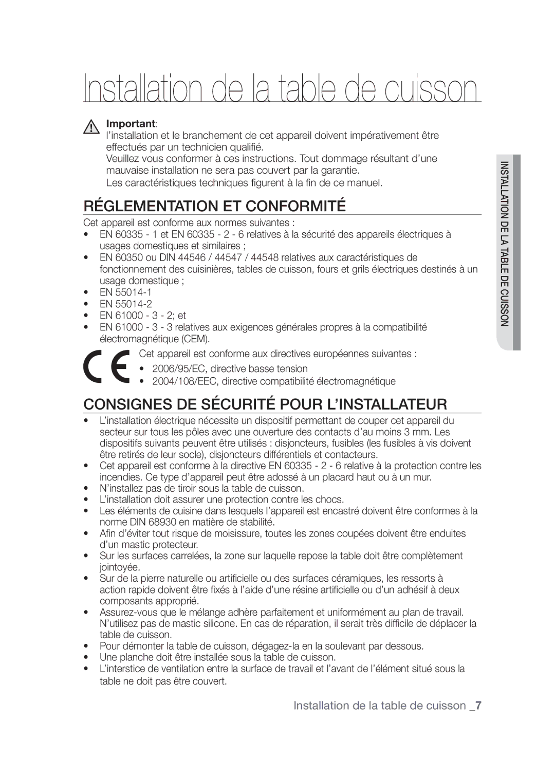 Samsung CTI613EHST/XEF manual Réglementation et conformité, Consignes de sécurité pour l’installateur 