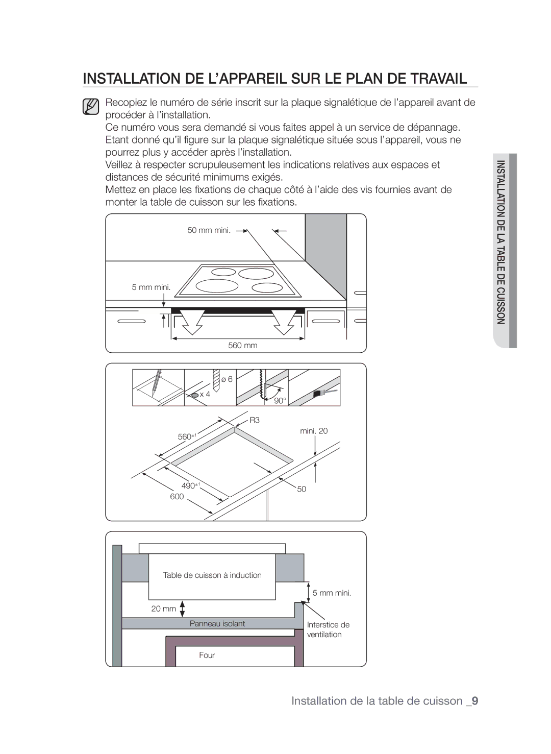 Samsung CTI613EHST/XEF manual Installation de l’appareil sur le plan de travail 