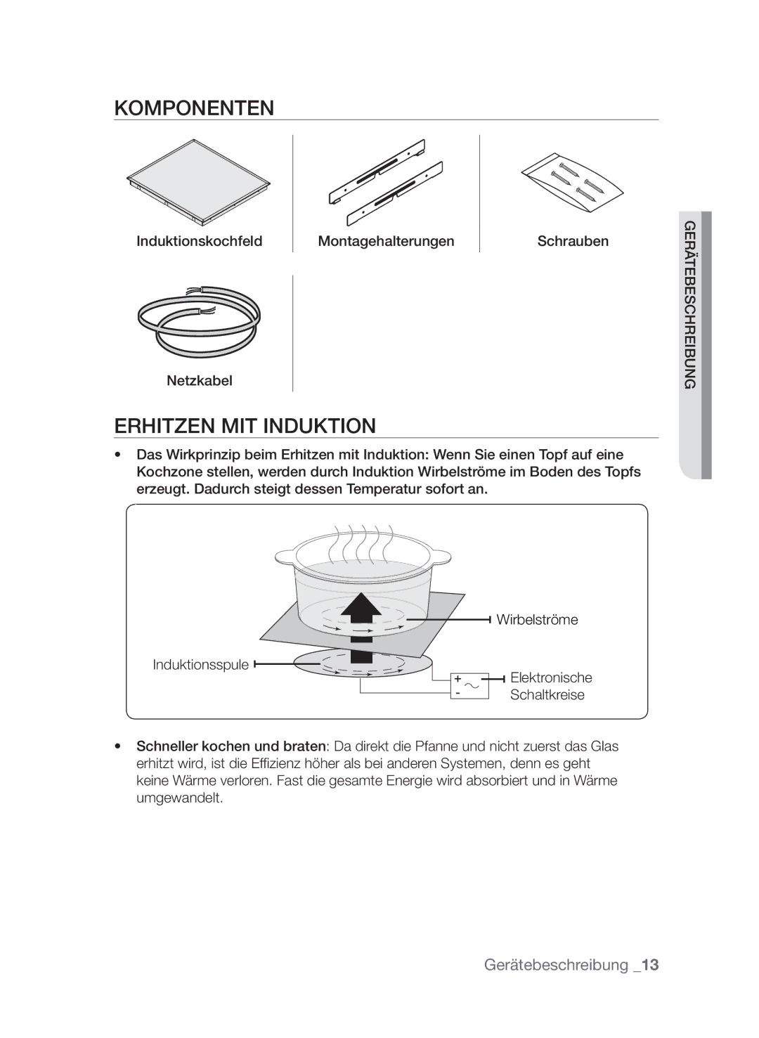 Samsung CTI613EHST/XEG manual Komponenten, Erhitzen mit Induktion 