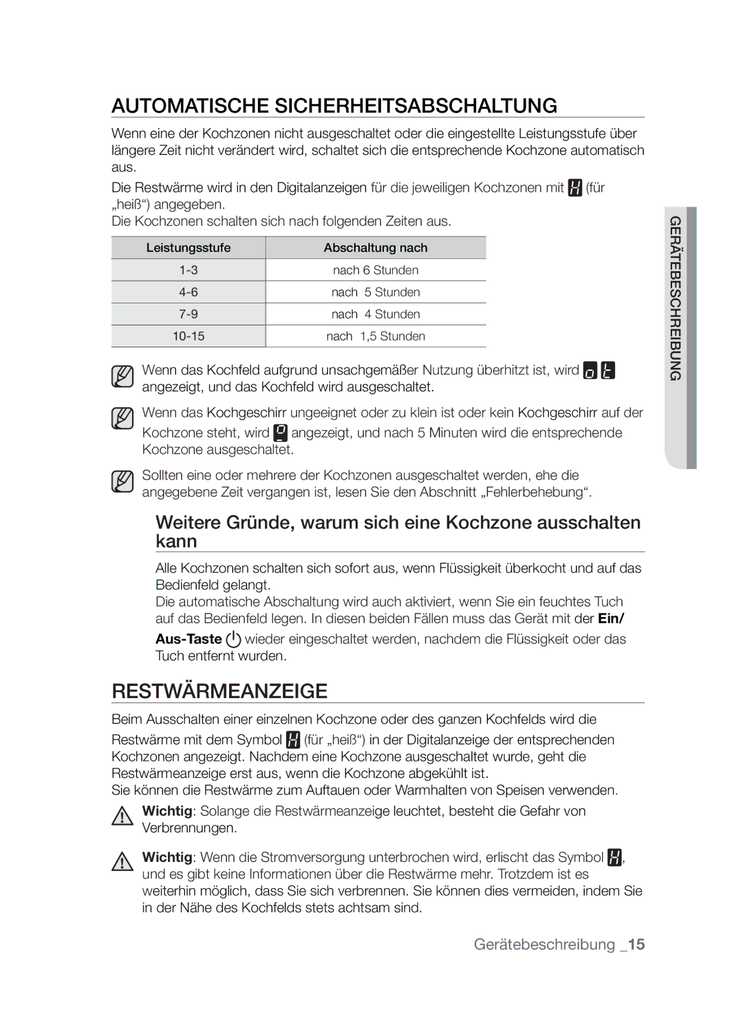 Samsung CTI613EHST/XEG manual Automatische Sicherheitsabschaltung, Restwärmeanzeige 