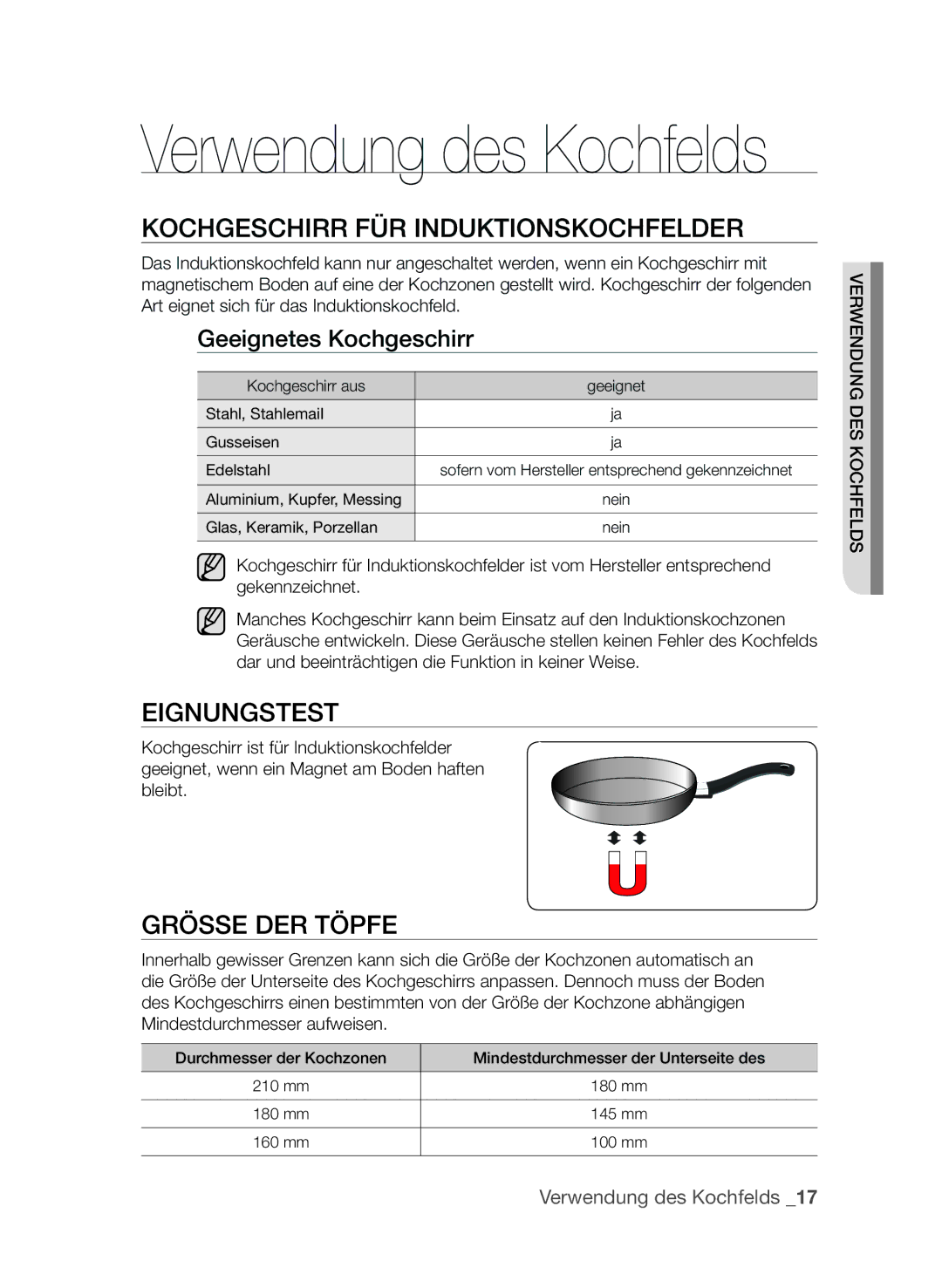 Samsung CTI613EHST/XEG KoChgESChIrr für InDukTIonSkoChfElDEr, EIgnungSTEST, GröSSE DEr TöpfE, Geeignetes kochgeschirr 