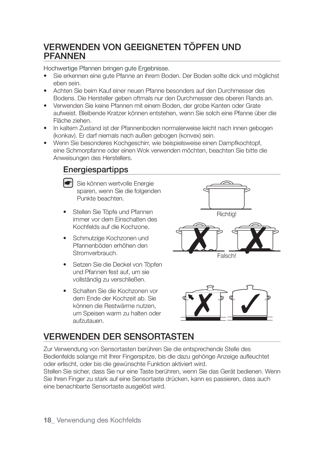 Samsung CTI613EHST/XEG manual Verwenden von geeigneten Töpfen und Pfannen, Verwenden der sensorTASTen, Energiespartipps 