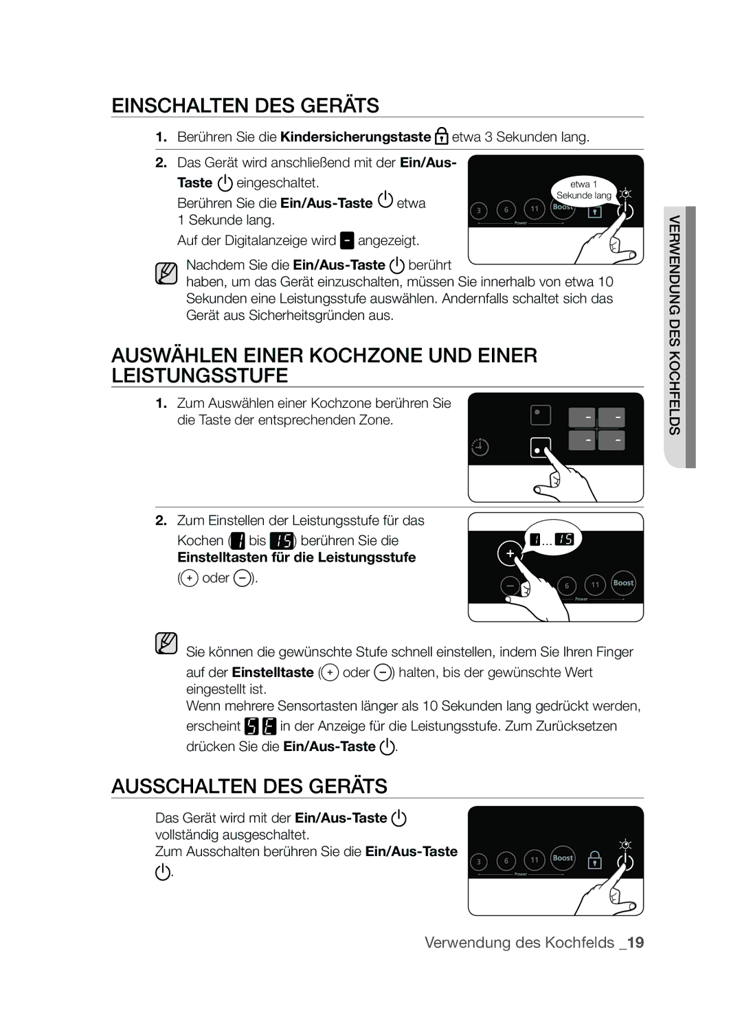 Samsung CTI613EHST/XEG EInschalten des Geräts, Auswählen einer Kochzone und einer Leistungsstufe, Ausschalten des Geräts 