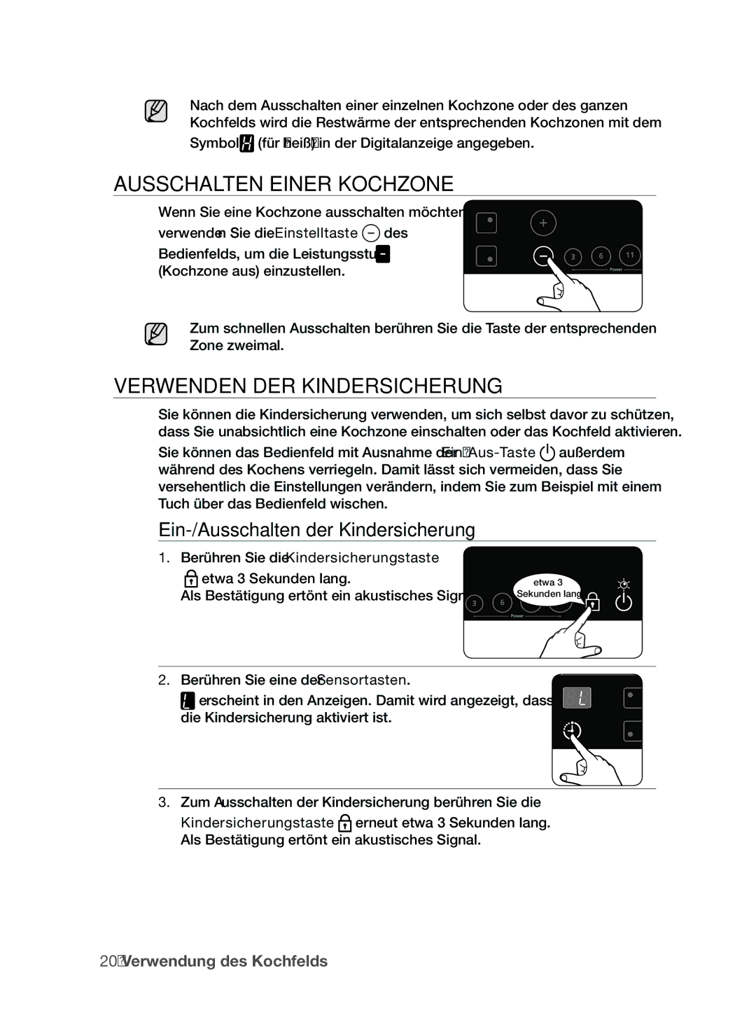 Samsung CTI613EHST/XEG AuSSChalTEn EInEr koChzonE, VErwEnDEn DEr kInDErSIChErung, Ein-/ausschalten der kindersicherung 