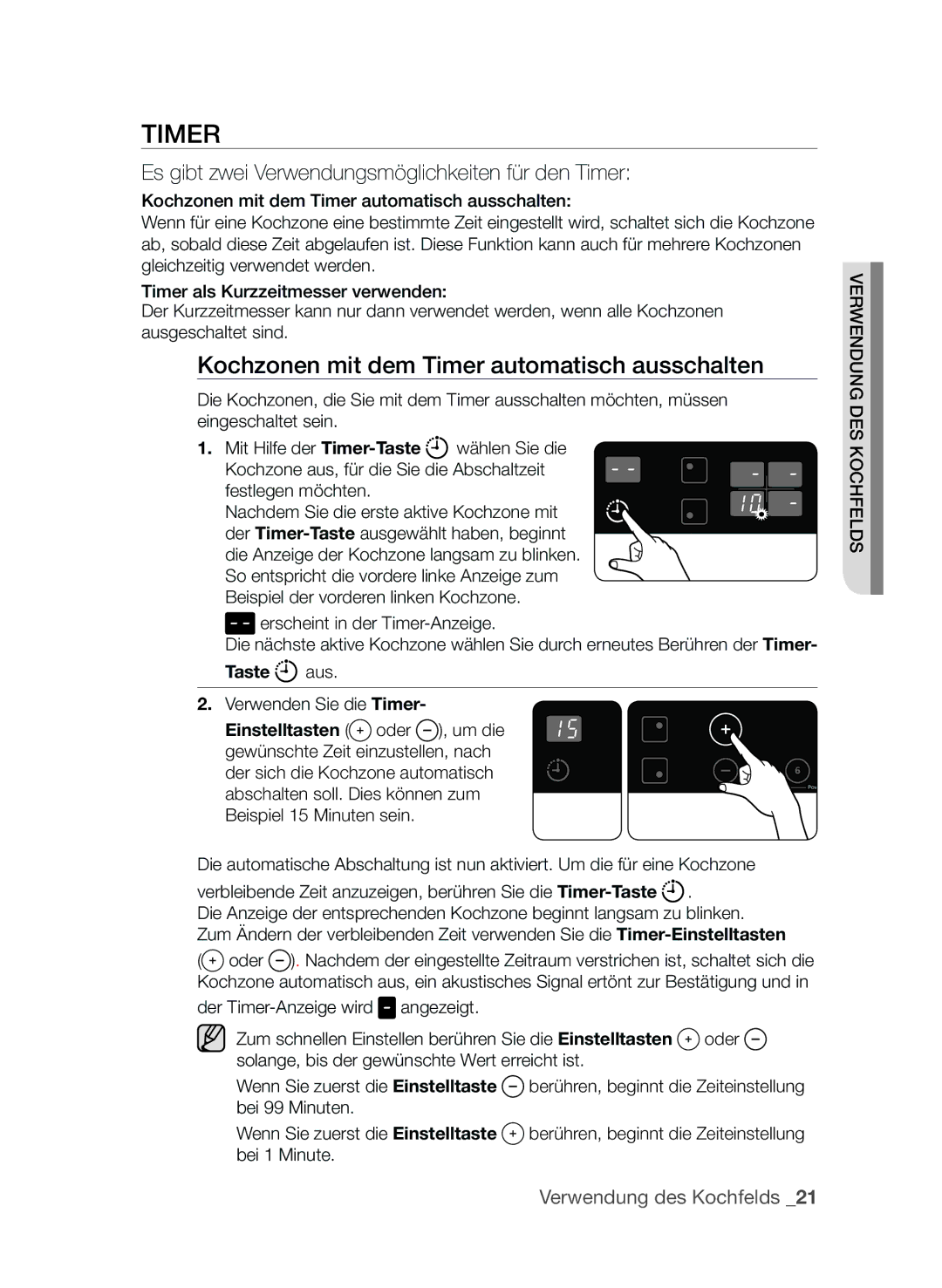 Samsung CTI613EHST/XEG manual TImEr, Kochzonen mit dem Timer automatisch ausschalten, Taste aus 