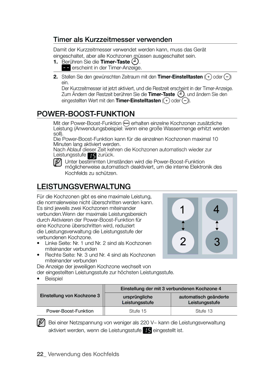 Samsung CTI613EHST/XEG manual POWER-Boost-Funktion, LeistungsVerwaltung, Timer als Kurzzeitmesser verwenden, Oder Ein 