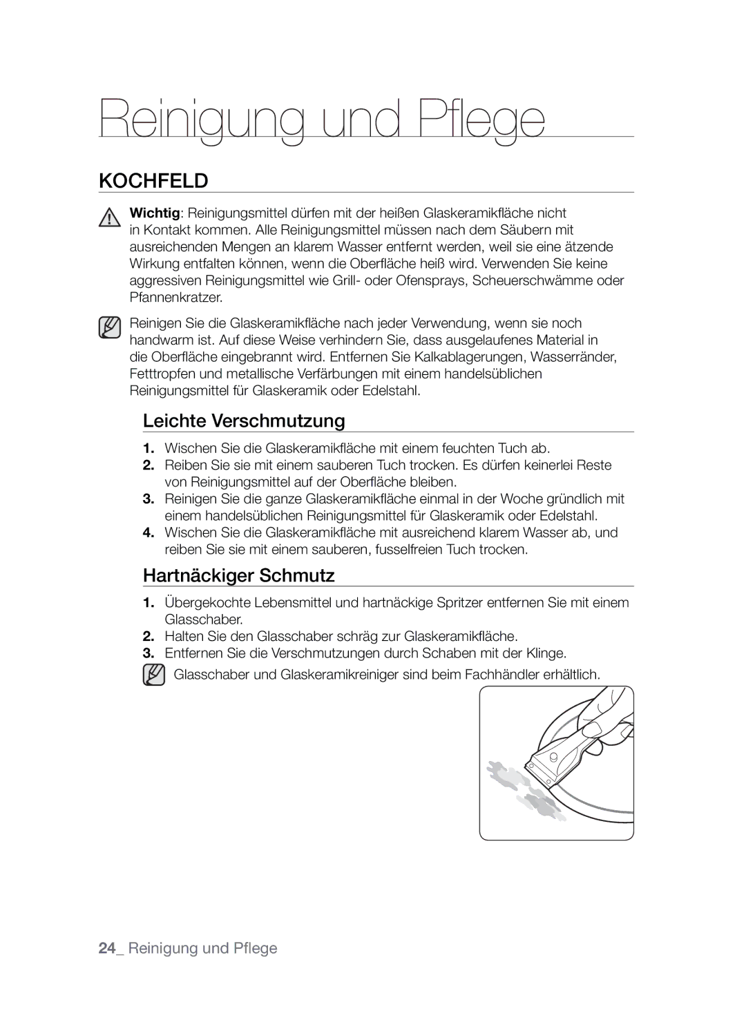 Samsung CTI613EHST/XEG manual Reinigung und Pflege, Kochfeld, Leichte Verschmutzung, Hartnäckiger Schmutz 