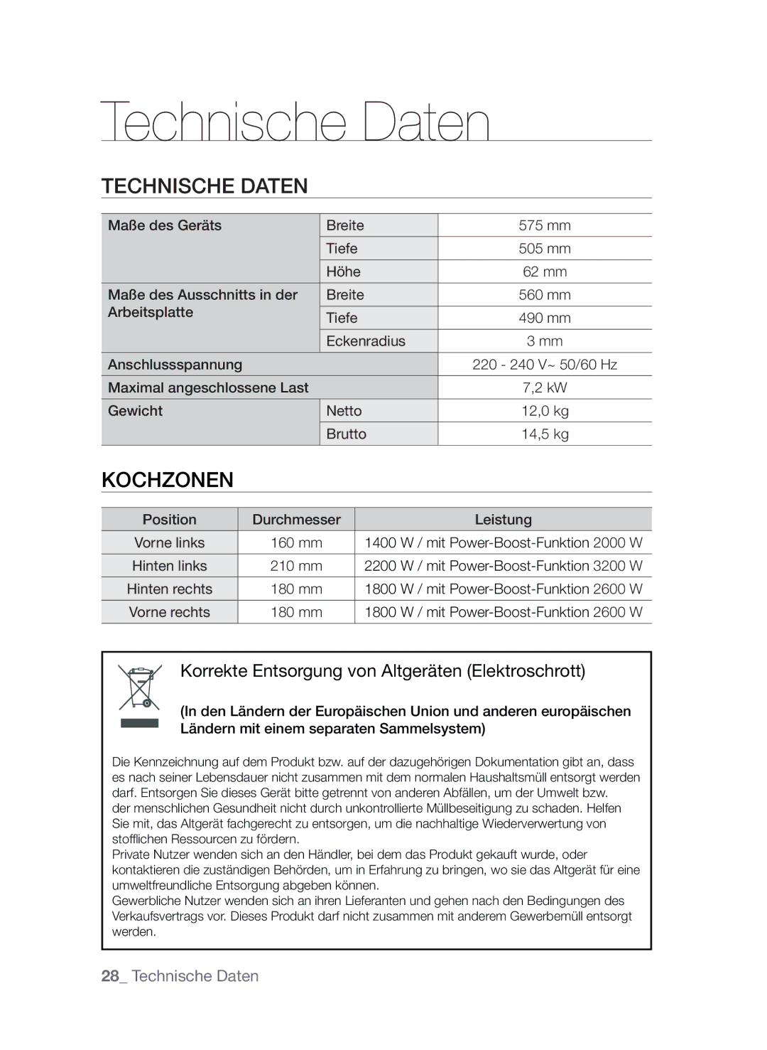 Samsung CTI613EHST/XEG manual Technische Daten, KochZonen 