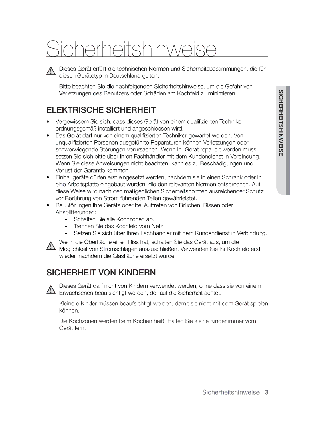 Samsung CTI613EHST/XEG manual Sicherheitshinweise, Elektrische Sicherheit, Sicherheit von Kindern 