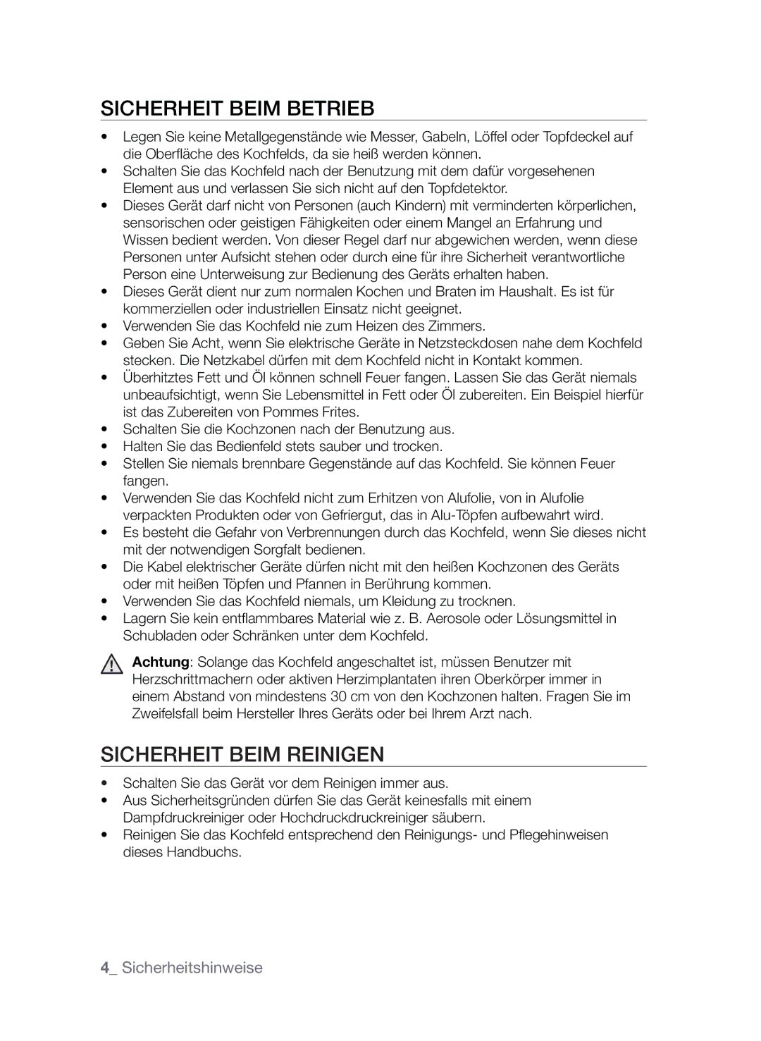 Samsung CTI613EHST/XEG manual Sicherheit beim Betrieb, Sicherheit beim Reinigen 