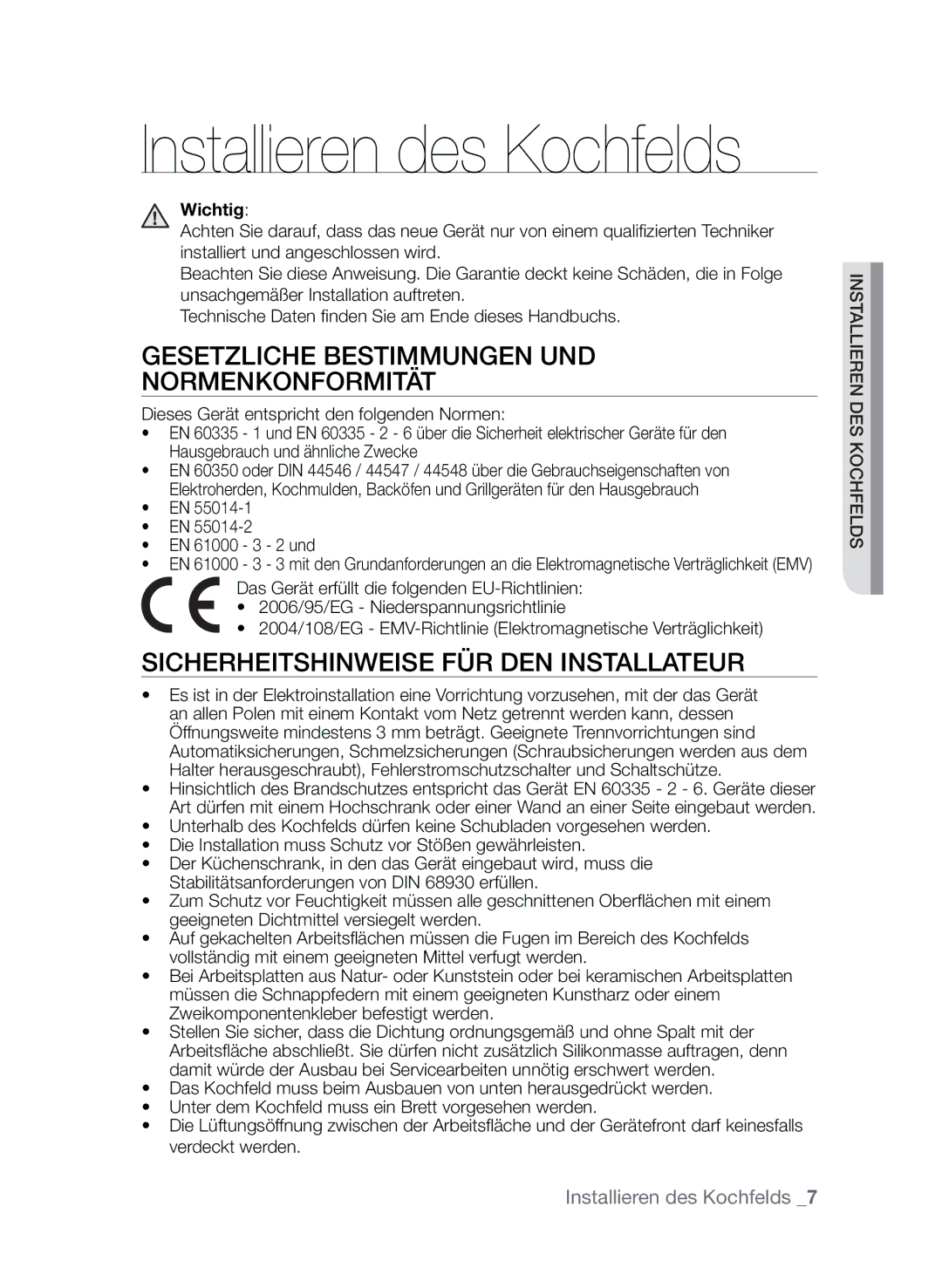 Samsung CTI613EHST/XEG Gesetzliche Bestimmungen und NORMENKonformität, Sicherheitshinweise für den Installateur, Wichtig 