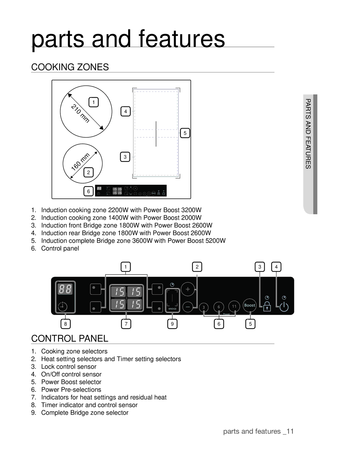 Samsung CTI613GI user manual Parts and features, Cooking zones, Control panel 