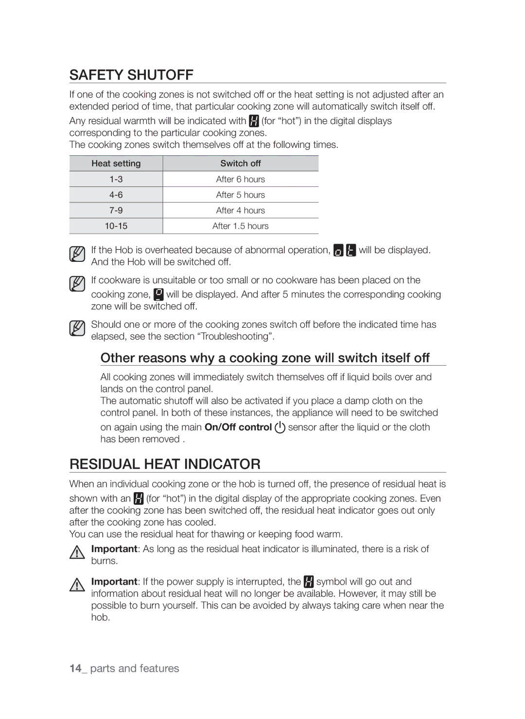 Samsung CTI613GI Safety shutoff, Residual heat indicator, Other reasons why a cooking zone will switch itself off 