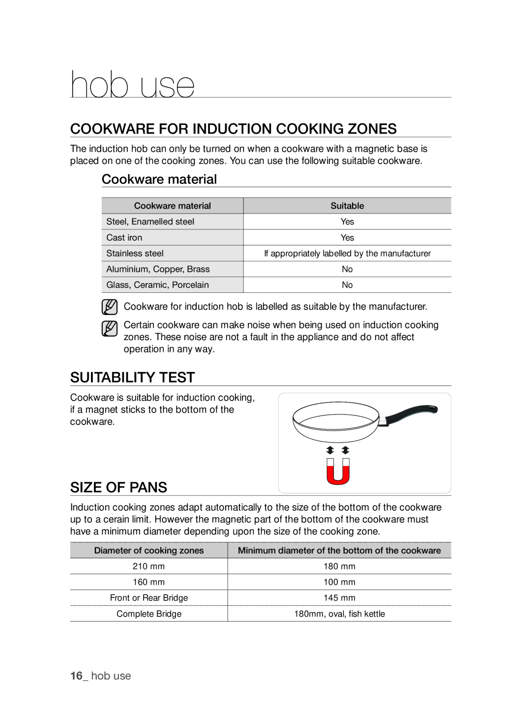 Samsung CTI613GI Hob use, Cookware for InduCTIon CookInG zones, SuITabIlITy TesT, SIze of pans, Cookware material 