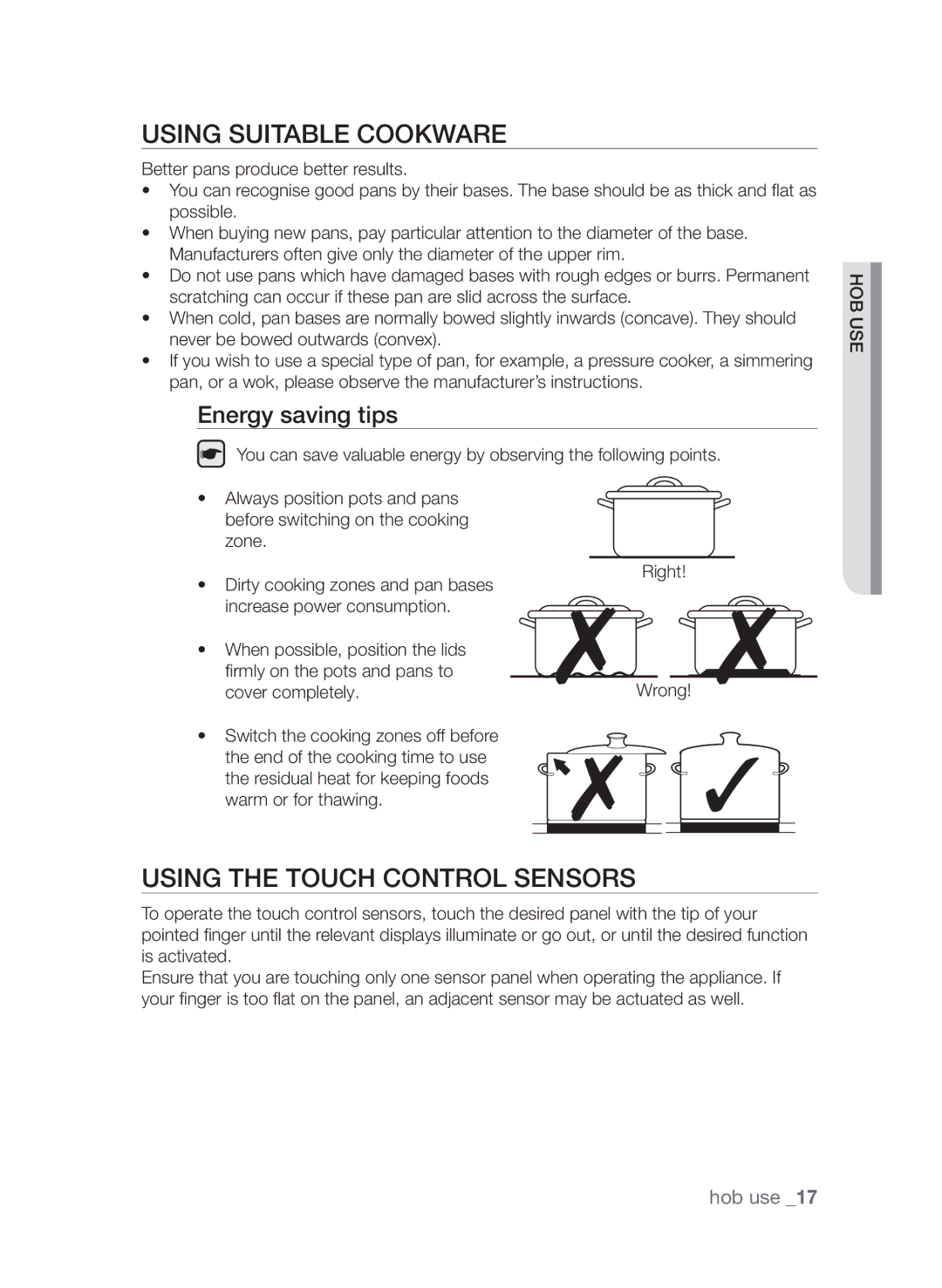 Samsung CTI613GI user manual Using suitable cookware, Using the touch control sensors, Energy saving tips 