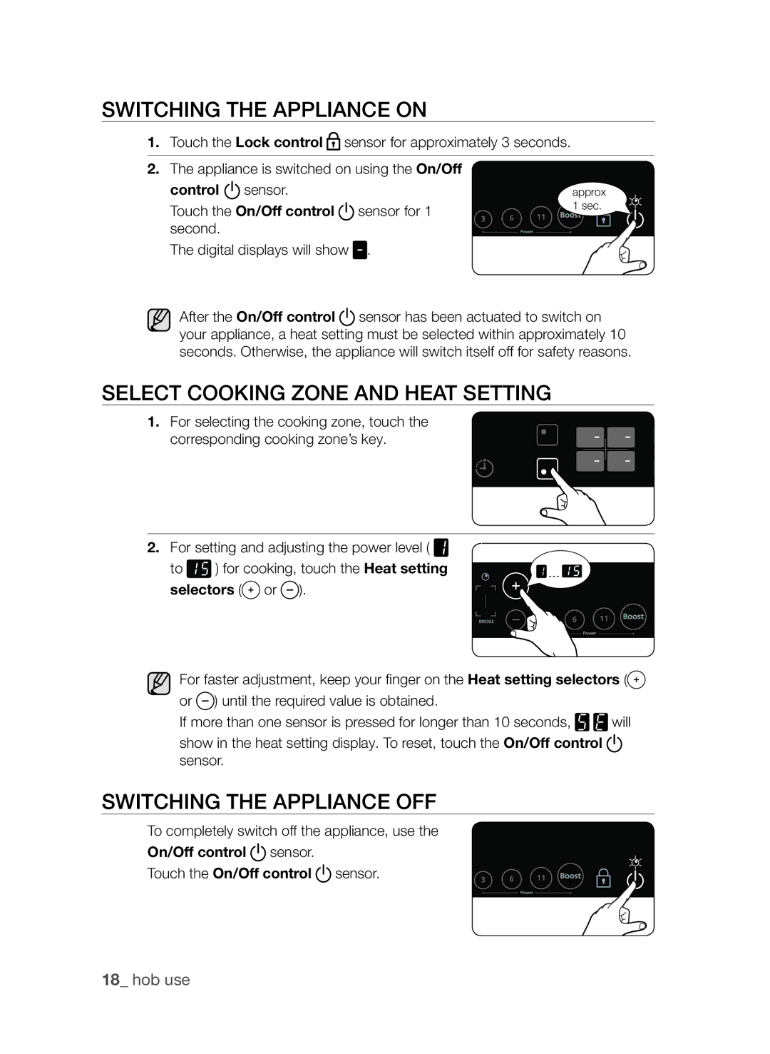 Samsung CTI613GI user manual Switching the appliance on, Select cooking zone and heat setting, Switching the appliance off 