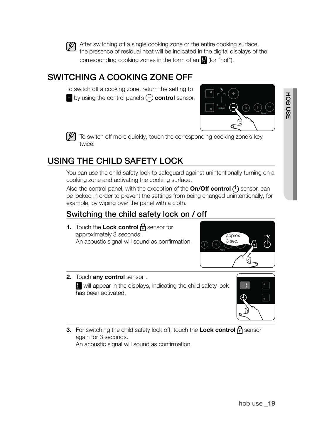 Samsung CTI613GI SwITChInG a CookInG zone off, UsInG The ChIld safeTy loCk, Switching the child safety lock on / off 