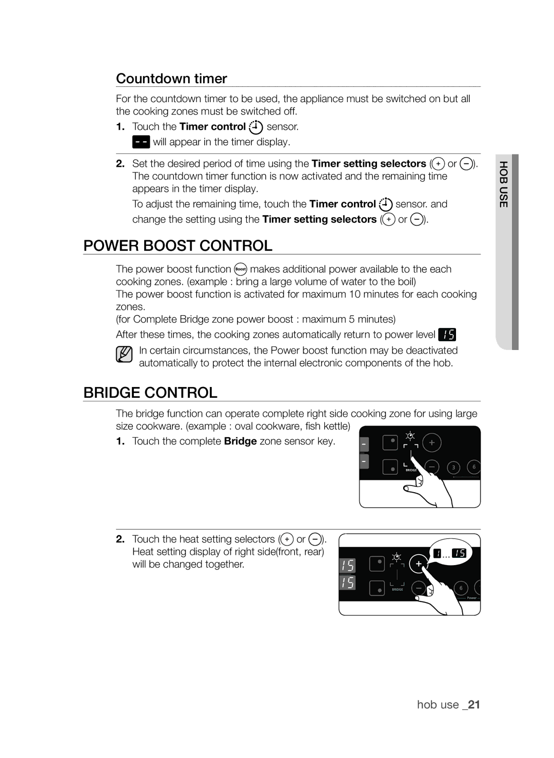 Samsung CTI613GI user manual Power boost control, Bridge Control, Countdown timer 