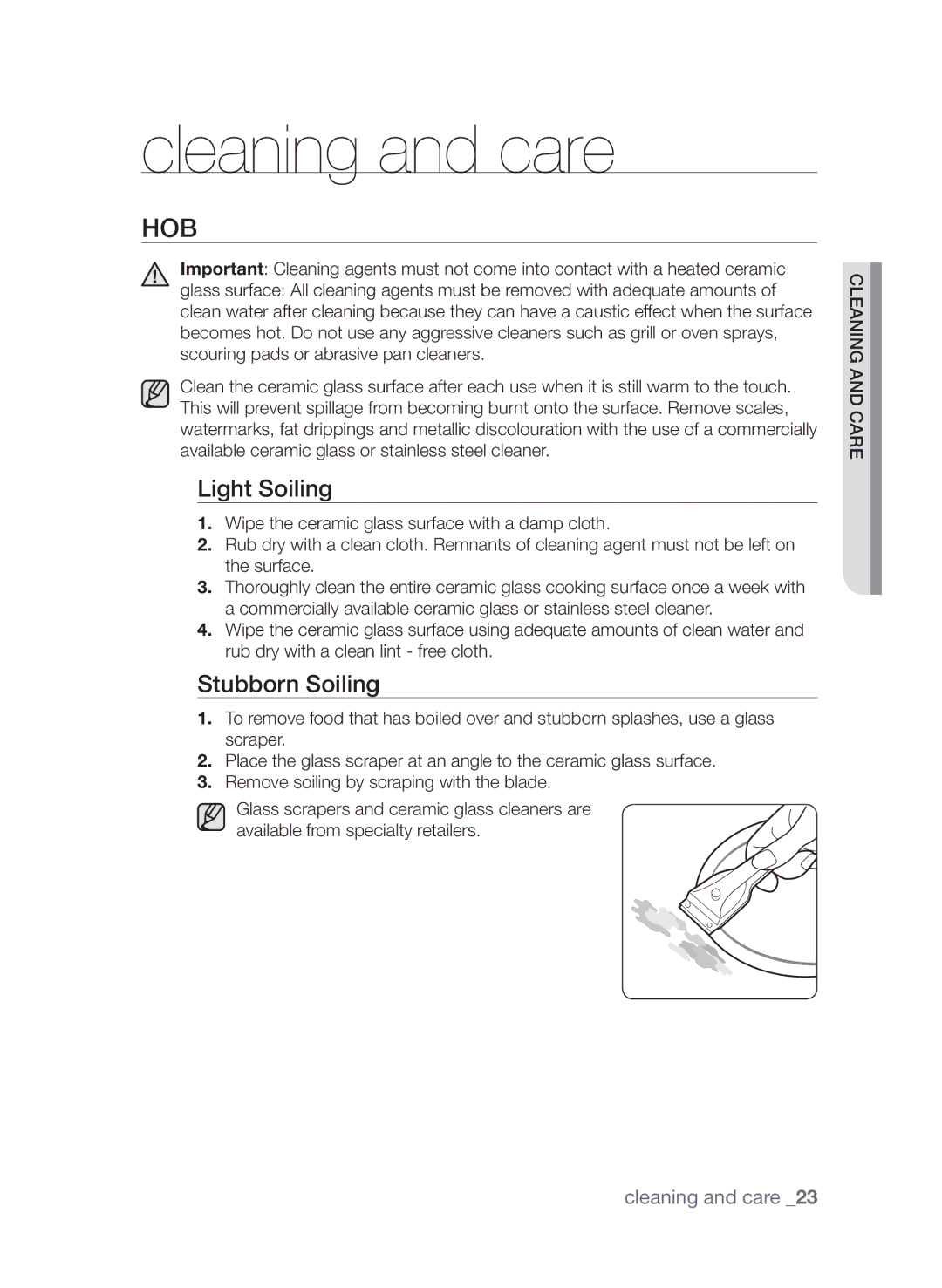 Samsung CTI613GI user manual Cleaning and care, Hob, Light Soiling, Stubborn Soiling 