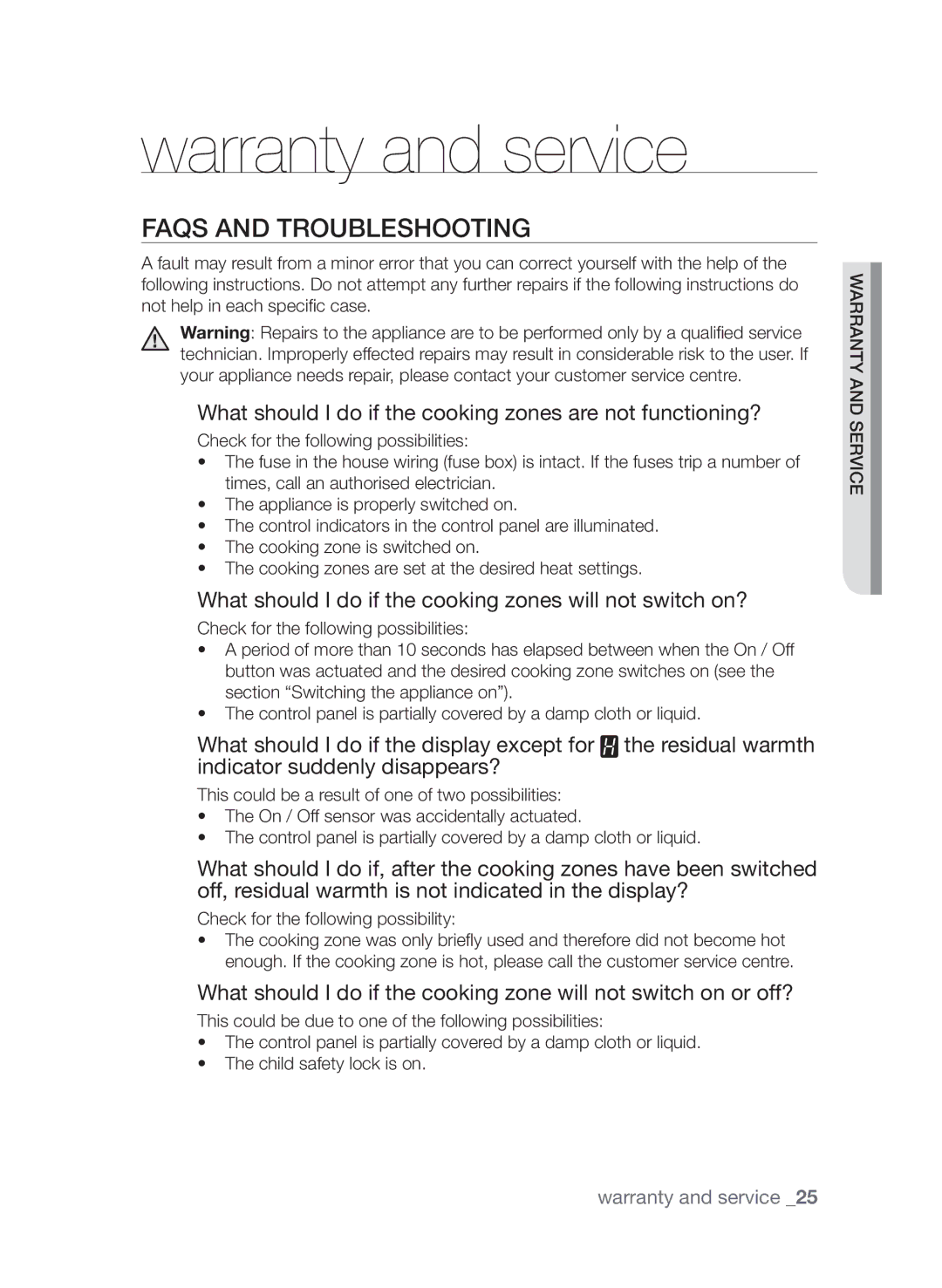 Samsung CTI613GI user manual Warranty and service, FAQs and troubleshooting 