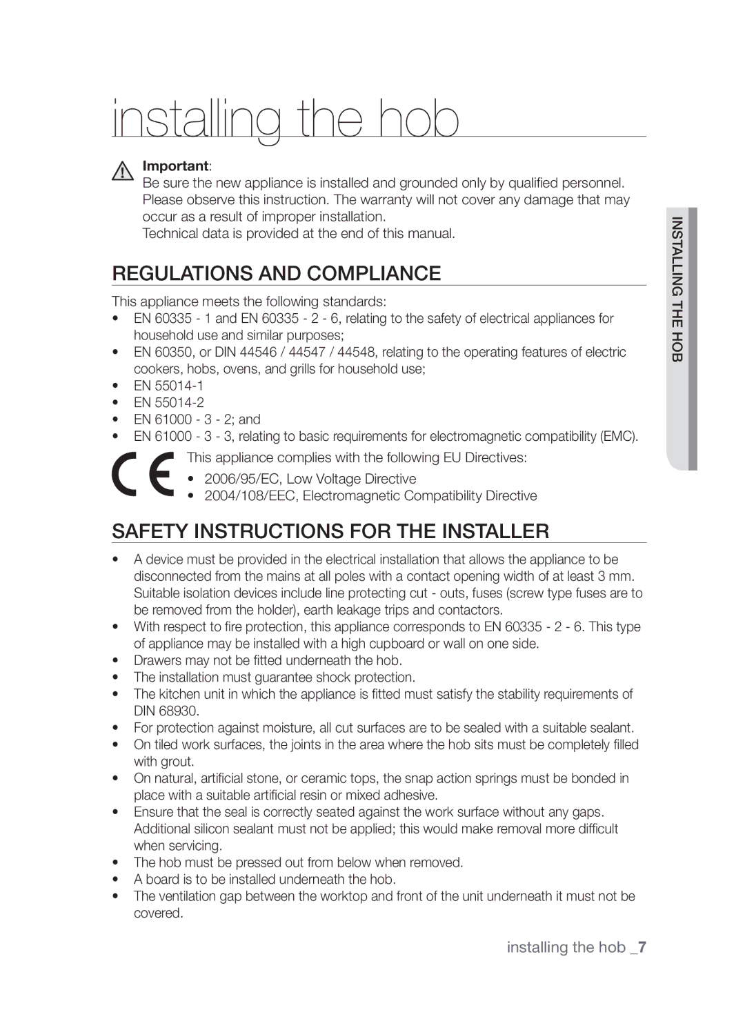 Samsung CTI613GI user manual Installing the hob, Regulations and compliance, Safety instructions for the installer 